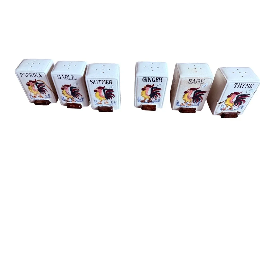 Vintage Rooster Ceramic Spice Shaker Set of 6 Farmhouse Kitchen Decor White